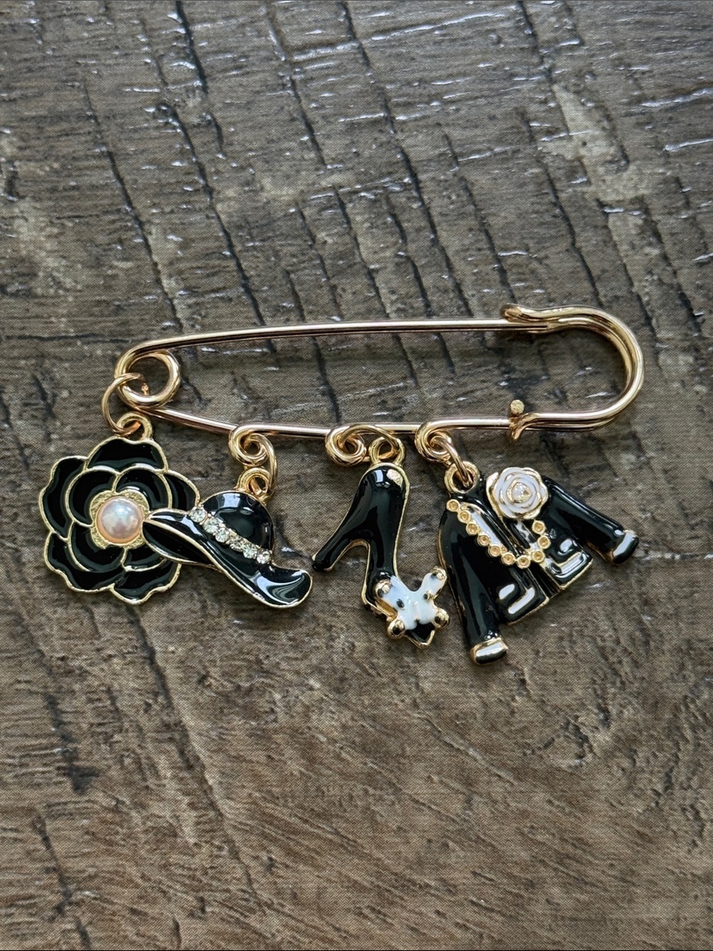 Gold Safety Pin Charm Brooch with Black Enamel Fashion Charms